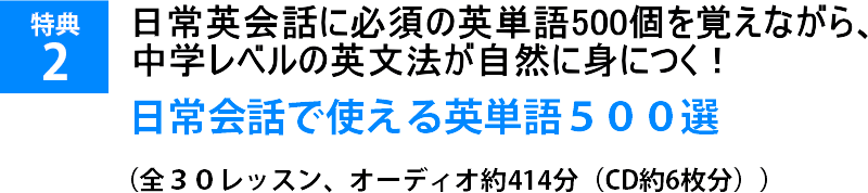 日常英会話に必須の英単語５００個を覚えながら、中学レベルの英文法が自然に見に付く、日常会話で使える英単語５００選（全３０レッスン、オーディオ約414分（CD約6枚分））