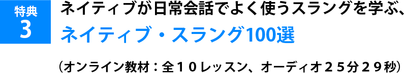 ネイティブが日常会話でよく使うスラングを学ぶ、ネイティブ・スラング100選（オンライン教材：全１０レッスン、オーディオ２５分２９秒）